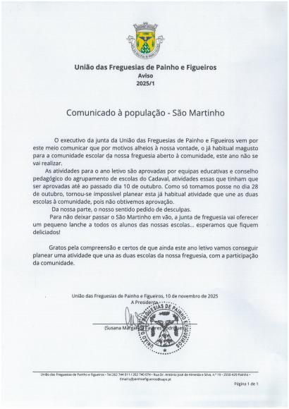 Comunicado &agrave; Popula&ccedil;&atilde;o - S&atilde;o Martinho